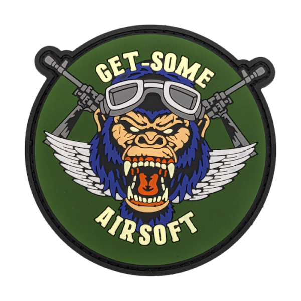 A custom PVC patch featuring a cartoon gorilla that looks furious. The text around the image reads