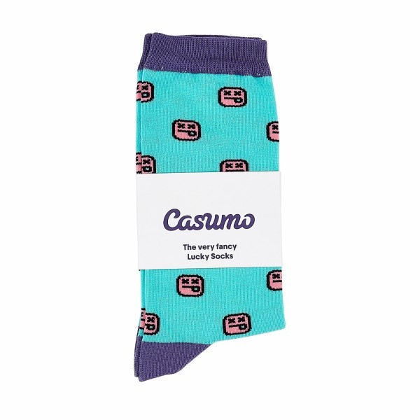 Turquoise and purple custom socks with playful pattern, neatly packaged with Casumo branding for high quality custom knitted sock orders.