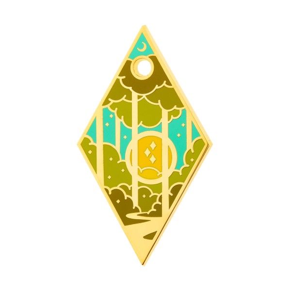 A beautiful diamond shaped hard enamel design depicting a countryside scene with a river, trees, and a shining sun.