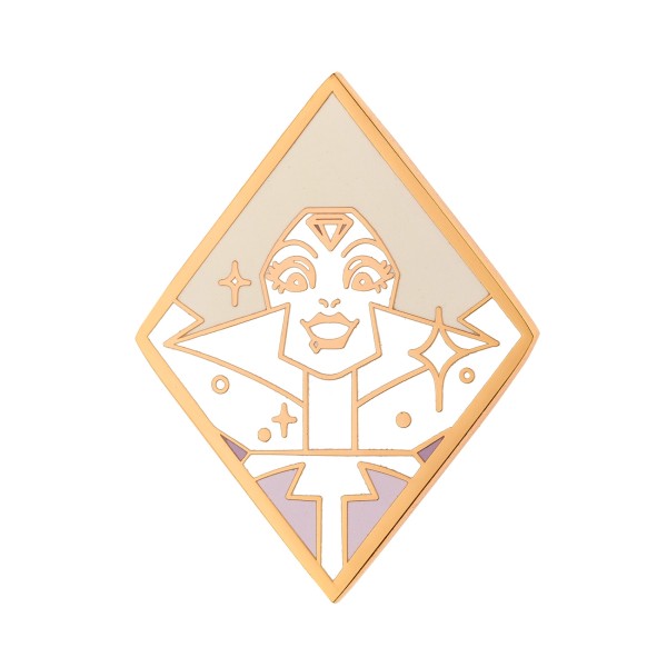 A diamond shaped rose gold pin with a stylised design of a woman with big hair inside.