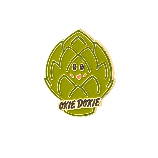 A pin badge of a artichoke saying